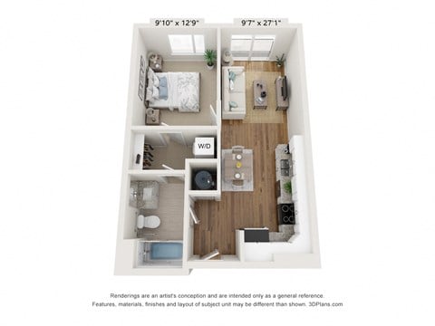 Floor plan for 1 bed, 1 bath, 645 sqft